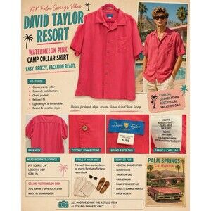 David Taylor Resort XL Watermelon Pink Camp Collar Rayon Shirt Dad Pride EUC Y2K